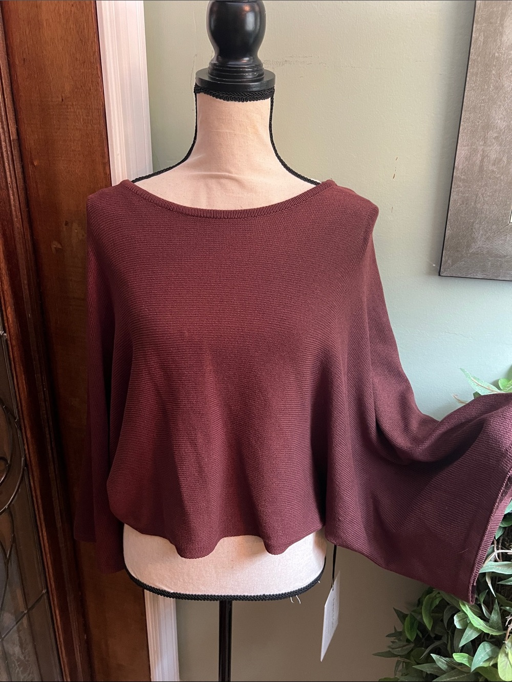 Off-the-Shoulder Wide-Sleeve Sweater in Burgundy